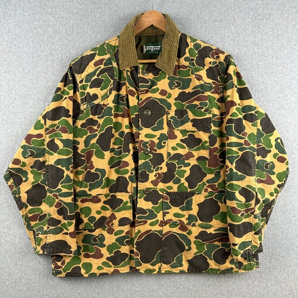 Vintage Saf-T-Bak Hunting Jacket Mens Large Duck Camouflage Corduroy Collar USA